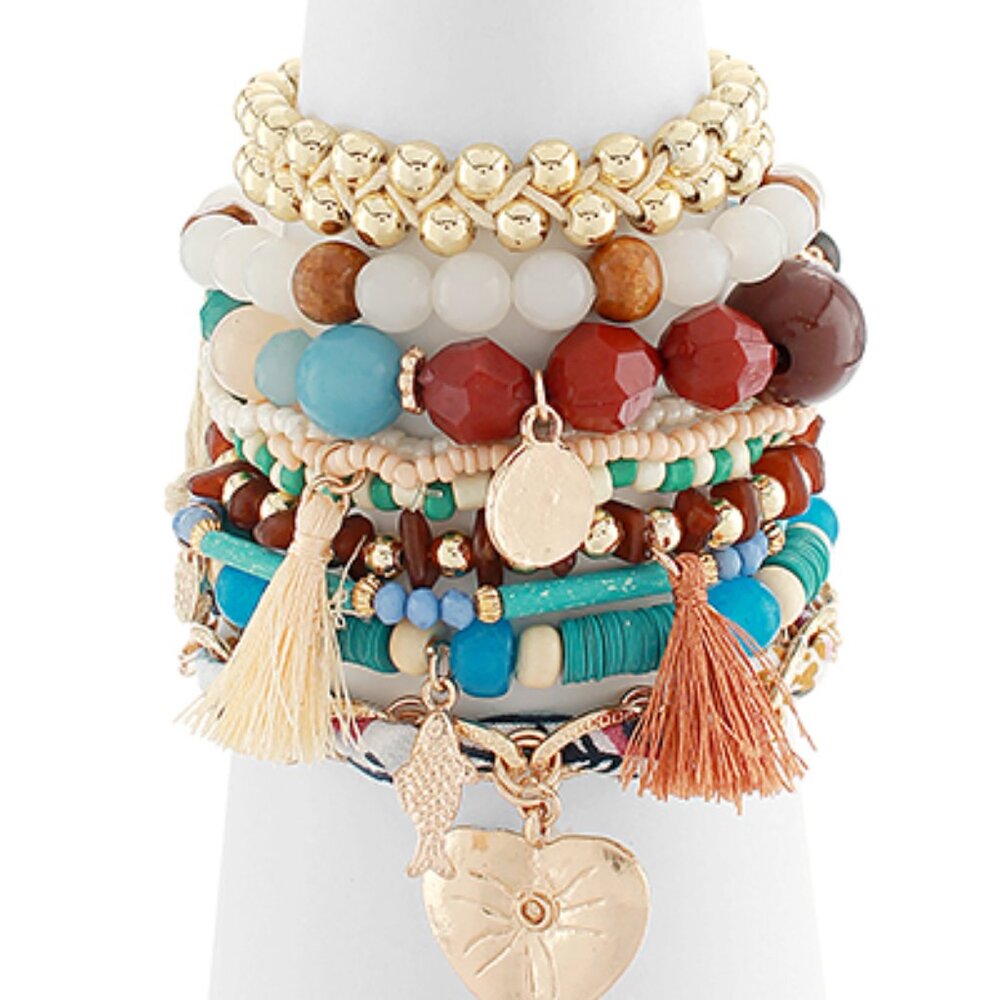 Deluxe 10PC Boho Stack Beaded Bracelet Set Gold Filled Charm Tassels India NEW